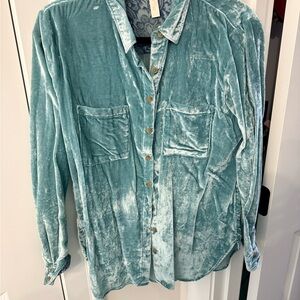 Pilcro Teal Velvet Button-Up Top